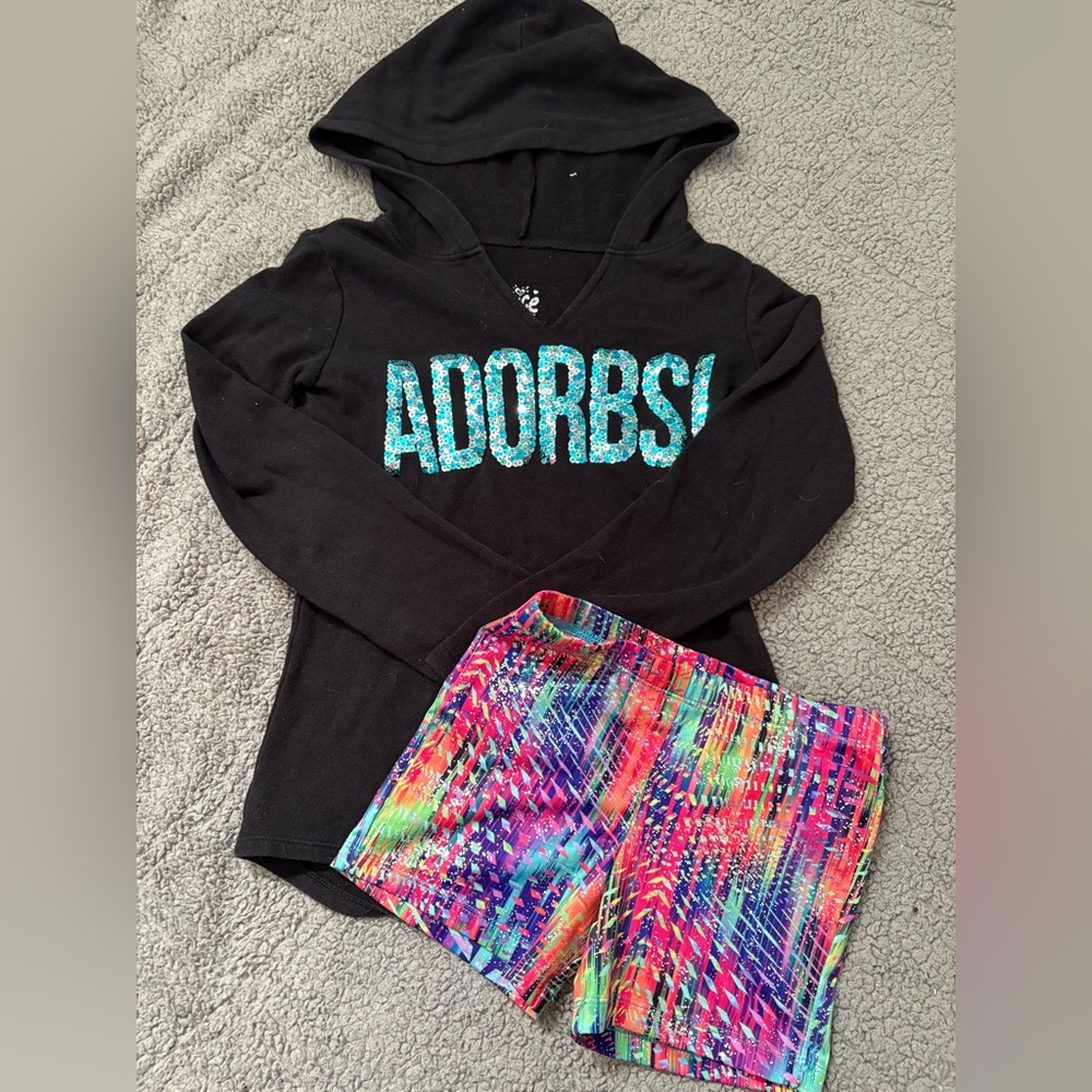 Justice Black Hoodie with Glitter Accents and Rainbow Shorts